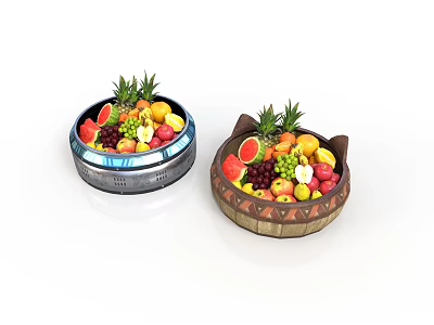 Fresh Assorted Fruits in Two Containers Metal and Wooden with Pineapple Strawberries Grapes Apples Oranges 3d model