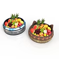 Fresh Assorted Fruits in Two Containers Metal and Wooden with Pineapple Strawberries Grapes Apples Oranges