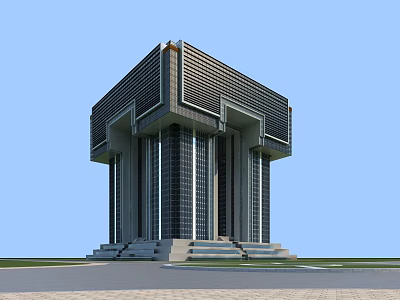 Modern Geometric Architectural Structure With Columns Glass Panels Stepped Base And Blue Sky 3d model