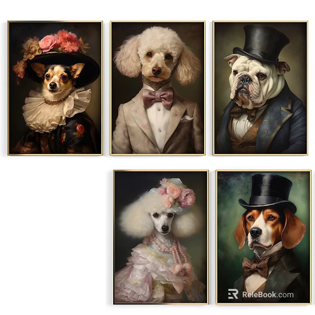 Anthropomorphic Animal Portrait Paintings of Dogs in Formal Attire and Hats 3d model 