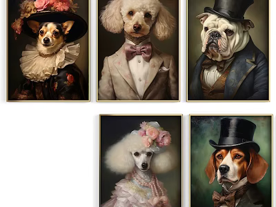 Anthropomorphic Animal Portrait Paintings of Dogs in Formal Attire and Hats 3d model