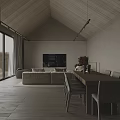 Minimalist Modern Dining and Living Room With Wooden Ceiling Dining Table Large Windows and Sofa