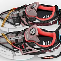 Modern Stylish Sneakers Featuring Gray Red White Color Yellow Laces And Blue Sole Details
