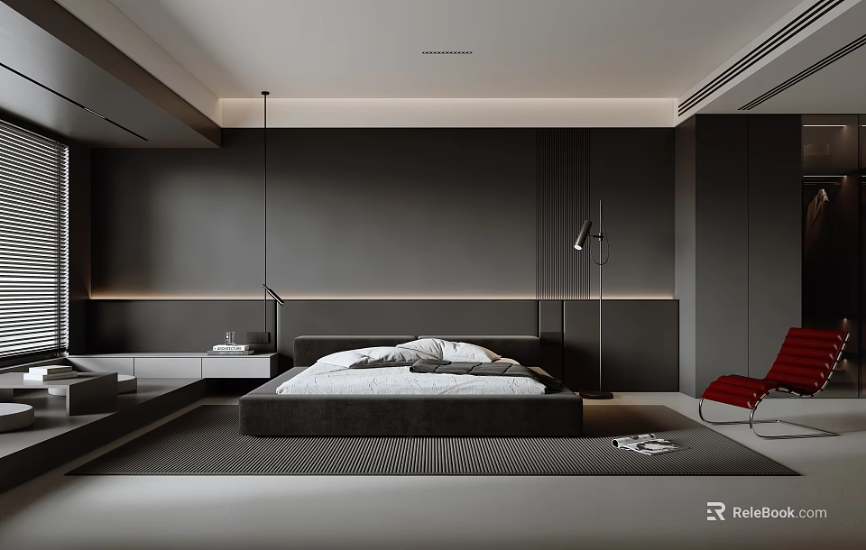 Modern Bedroom Interior With Dark Walls LED Strip Lighting Large Bed And Red Chair 3d model 