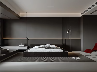 Modern Bedroom Interior With Dark Walls LED Strip Lighting Large Bed And Red Chair 3d model
