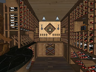 Wooden Wine Cellar With Wine Racks Black Marble Counter And Pendant Lights 3d model