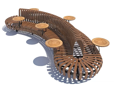 Outdoor Modern Curved Wooden Public Bench With Small Round Tables 3d model