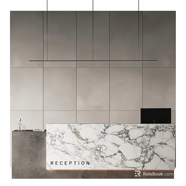 Minimalist Reception Desk with Marble Countertop Gray Wall and Hanging Light Fixture in Modern Design 3d model 