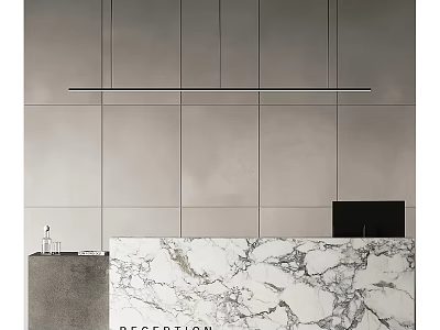 Minimalist Reception Desk with Marble Countertop Gray Wall and Hanging Light Fixture in Modern Design 3d model
