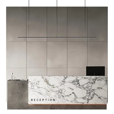 Minimalist Reception Desk with Marble Countertop Gray Wall and Hanging Light Fixture in Modern Design 3d model