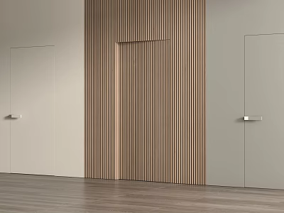 Minimalist Interior Space With Wooden Slatted Wall Two Doors And Wooden Flooring 3d model