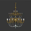 Classic Chandelier With Gold Frame Black Accents Candle Shaped Lights And Crystal Pendants