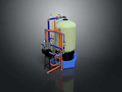 Industrial Equipment System With Large Tank Colored Pipes Control Panel And Valves 3d model