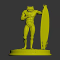 Muscular Green Frog Character Standing With Blue Pink Surfboard On Round Base