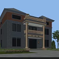 Classic Two Story Detached Villa Featuring Brick Stone Exterior Balcony Columns And Garden Trees