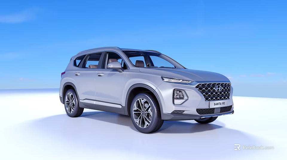 Silver Hyundai Santa Fe SUV Exterior Design With Blue Sky And White Ground Background 3d model 