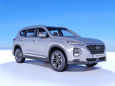 Silver Hyundai Santa Fe SUV Exterior Design With Blue Sky And White Ground Background 3d model