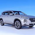Silver Hyundai Santa Fe SUV Exterior Design With Blue Sky And White Ground Background