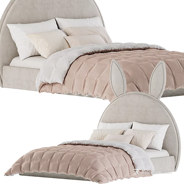 Kids Bed With Bunny Ears Headboard Pink Quilt Beige Pillows Soft Gray Frame 3d model 