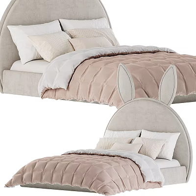 Kids Bed With Bunny Ears Headboard Pink Quilt Beige Pillows Soft Gray Frame 3d model