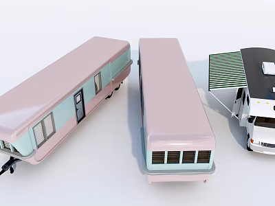 Pastel Pink And Light Blue Camper Trailers With Various Designs Windows And Awning 3d model