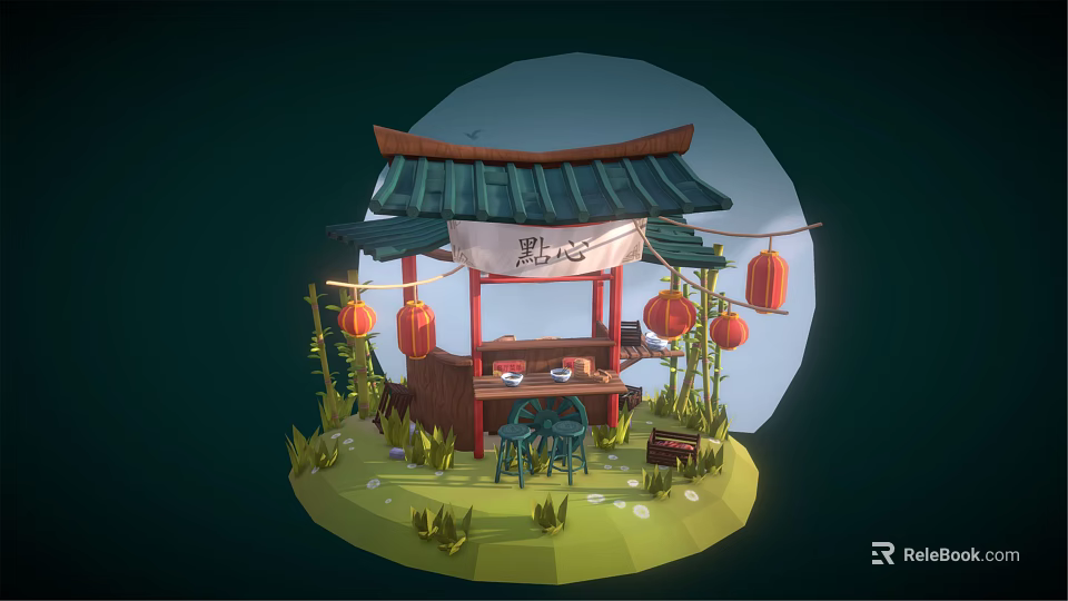 Cartoon Style Chinese Pagoda Pavilion With Dim Sum Red Lanterns Bamboo And Full Moon 3d model 