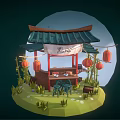 Cartoon Style Chinese Pagoda Pavilion With Dim Sum Red Lanterns Bamboo And Full Moon