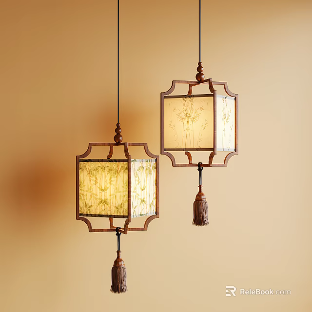 Pair of Chinese Style Wooden Frame Pendant Lights With Square Patterned Lampshade And Tassel 3d model 