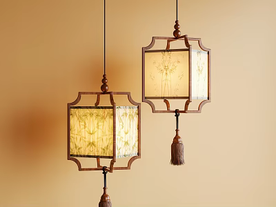 Pair of Chinese Style Wooden Frame Pendant Lights With Square Patterned Lampshade And Tassel 3d model