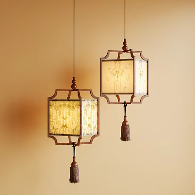 Pair of Chinese Style Wooden Frame Pendant Lights With Square Patterned Lampshade And Tassel 3d model