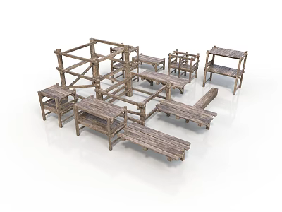 Rustic Wooden Furniture Collection With Simple Structure Tables Chairs And Shelves 3d model