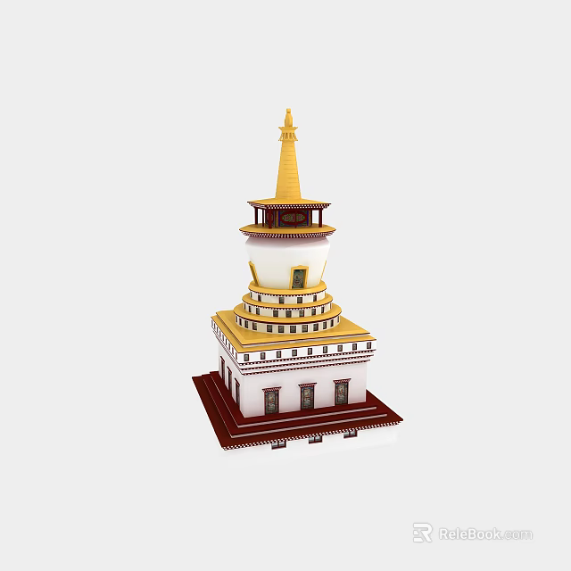 Traditional Multi Tiered Pagoda With White And Gold Exterior And Red Base 3d model 