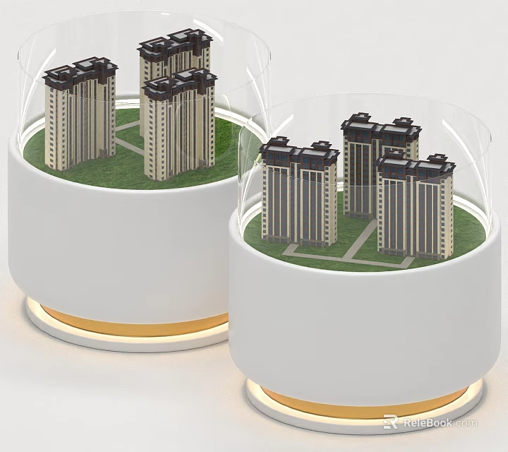 Detailed Sand Table With High Rise Building Models Green Grass White Containers And Golden Edges 3d model 