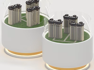 Detailed Sand Table With High Rise Building Models Green Grass White Containers And Golden Edges 3d model