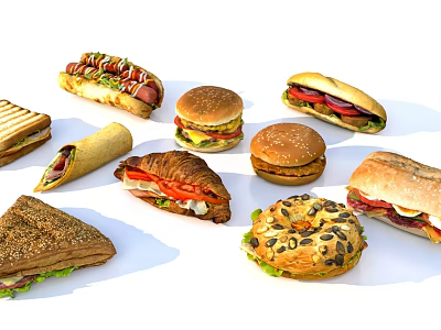 Delicious Assorted Fast Food Including Hot Dogs Hamburgers Sandwiches Wraps Croissants and Bagels 3d model