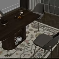 Wooden Dining Table Set With Light Gray Chairs Gold Legs Flower Vase And Fruit Bowl