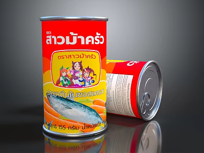 Thai Canned Fish With Cartoon Characters And Colorful Label Design 3d model