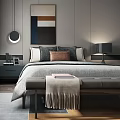 Modern Bedroom Interior Featuring Abstract Painting Bedside Table Lamp Curtains And Bench