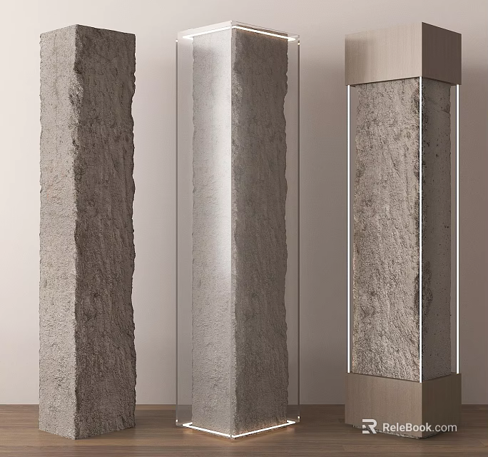 Textured Stone Columns And Wooden Column With Glass Inlays Interior Design Features 3d model 