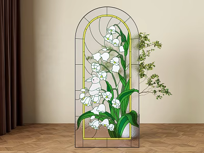 Stained Glass Casement Window with White Flowers Green Leaves and Brown Curtains 3d model