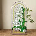 Stained Glass Casement Window with White Flowers Green Leaves and Brown Curtains