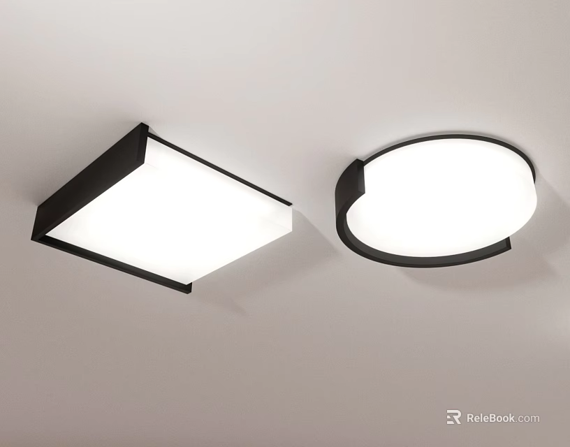 Modern Square and Round Ceiling Lights with Black Frame and White Surface for Home Interior 3d model 