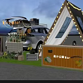 Cozy Glamping Setup With White Tent String Lights Vehicle Kiosk Green Plants And Evening Sky
