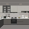 Modern Kitchen Interior Design With Gray Cabinets Appliances Open Shelves And Cooktop