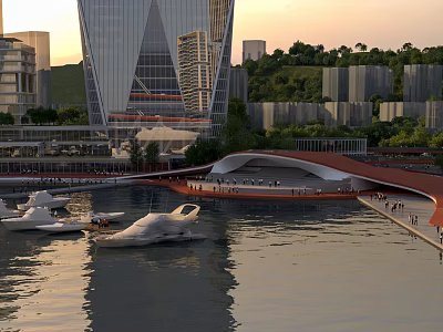Modern Waterfront Urban Aerial Planning With High Rise Buildings Marina Walkways And Boats 3d model