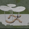 Modern Butterfly Shaped Pergola With White Canopy Curved Brown Seats And Green Park Setting