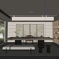 Traditional Tea Room Interior With Wooden Lattice Floral Screens Tea Sets Bench And Stools