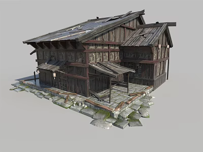 Traditional Japanese Wooden House With Sloped Roof And Stone Foundation Porch 3d model