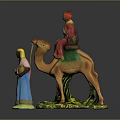 Painted Camel Figurine on Grassy Base with Person Riding and Standing Figure Holding Water Jug