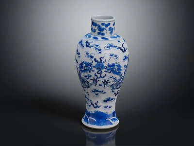 Classic Wooden Display Shelf With Blue And White Porcelain Vase Dragon Floral Designs 3d model
